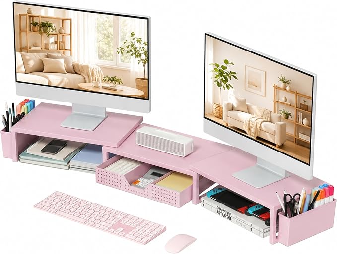 Desk Organizers and Accessories, Dual Monitor Stand Riser with Drawer and 2 Pen Holders, Desk Shelf Computer Racks for Office Workspace Organizers, Desktop Organization (Pink) by OPNICE
