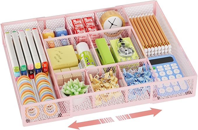 Marbrasse Expandable Desk Drawer Organizer, Mesh Tray with 10 Adjustable Compartments, Desk Organizers for Office Supplies, Makeup & Vanity (Expandable-Pink) by Marbrasse