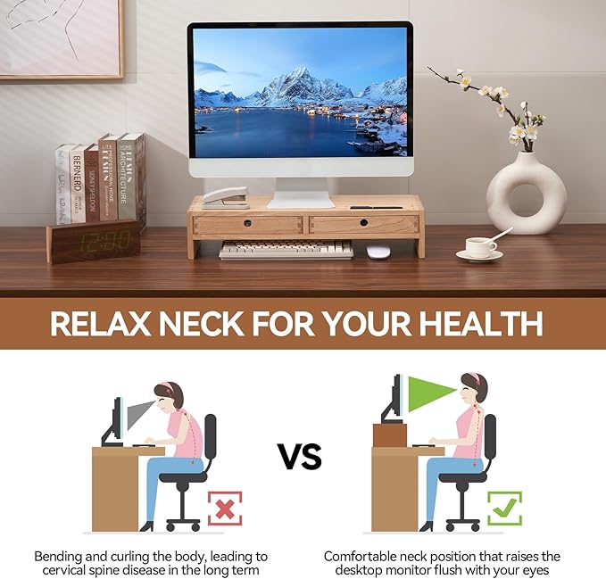 KIRIGEN Solid Wood Monitor Stand with 2 Drawers, Desk Riser, Natural PMJ-NA | Desktop Organizer with Cable Opening and Pen Slots Stores Office Supplies, Supports Up To 50 Lb and Arrives Fully Assembled. - Image 4