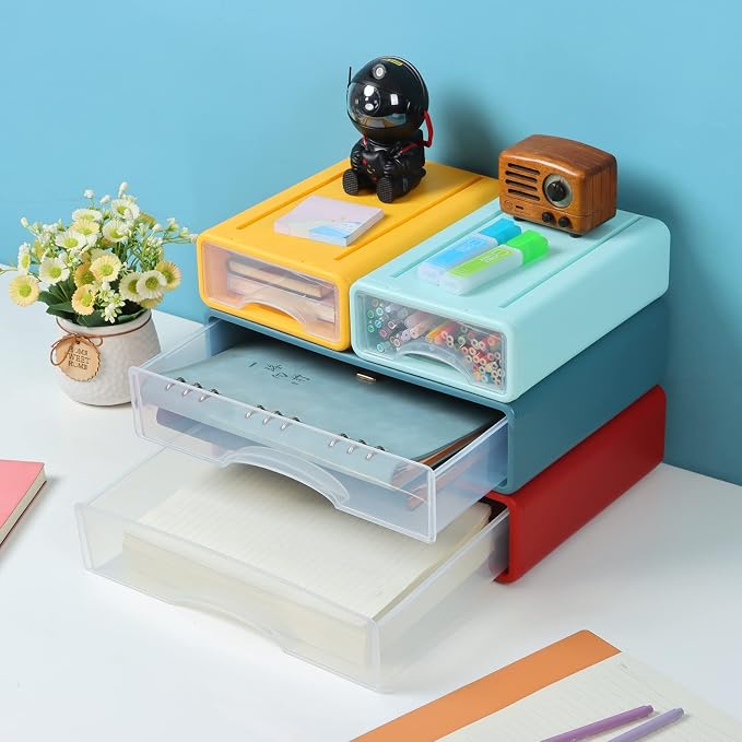 White Desktop Drawer Organizer Unit for Office Paper and Supplies | Mix Colors, 2 Large & 2 Small Drawers for Stationery Paper Clip, Desktop Storage Bins, Tabletop Craft Box, Makeup Organizer - Image 2