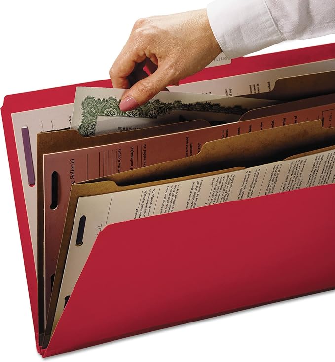 Smead Pressboard Classification File Folder with SafeSHIELD Fasteners, 2 Pocket Dividers, 2" Expansion, Letter Size, Bright Red, 10 per Box (14082) - Image 5