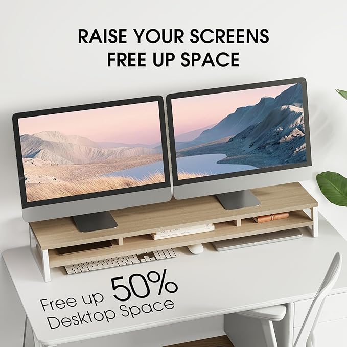 Fenge Dual Monitor Riser for Desk, Open Shelf with 3 Storage Compartments | 42.5in Computer Monitor Stand, 2-Tier Desk Shelf for Top of Desk,One-Piece Panel, fit Ultrawide Monitor, PC, Laptop, Oak - Image 5