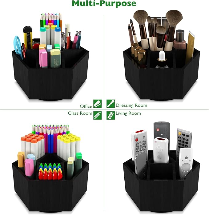 Colored Pen Pencil Holder Organizer for Desk with 7 Compartments | Bamboo Rotating Art Supply Organizer, Office Supplies Desktop Storage Caddy, Marker Holder Organizer Black - Image 4