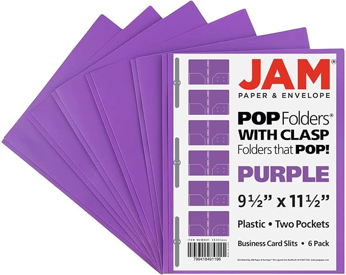 JAM PAPER Plastic Color POP Folders - 2 Pocket Durable Folders with Metal Prongs Fastener Clasps - Purple - 6/Pack - Image 6