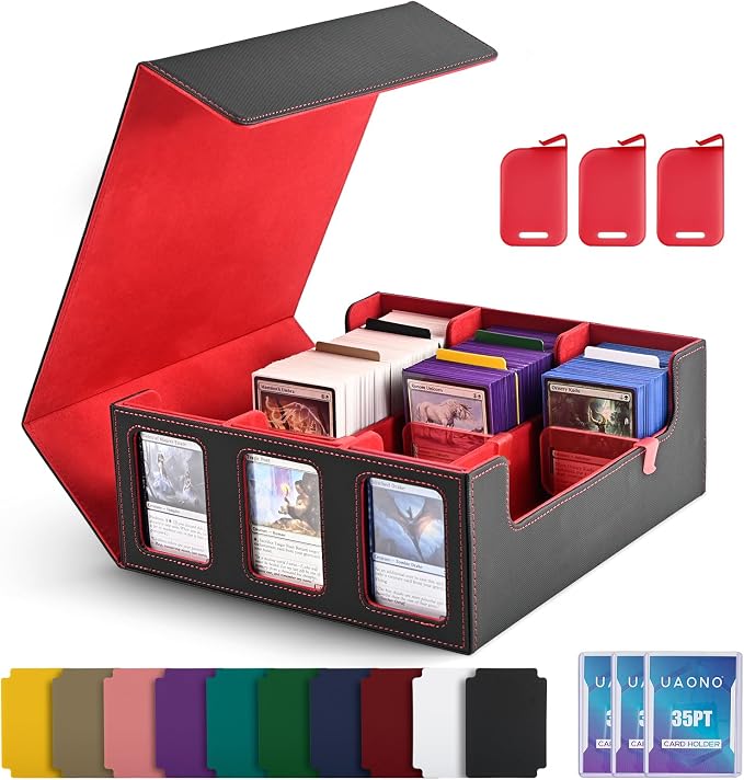 UAONO 3-Row Trading Card Storage Box with Commander Display, Black Red | 1800+ Commander Deck Box for MTG, Bulk Card Case Fits Magic TCG PTCG Sports Cards, 10 Dividers & 3 Stoppers by UAONO