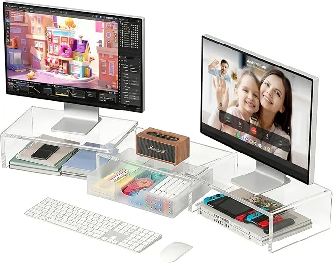 Clear Acrylic Desk Organizers and Accessories, Dual Monitor Stand Riser with Drawer, Desk Shelf Computer Racks for Office Workspace Organizers, Desktop Organization (Transparent) by OPNICE