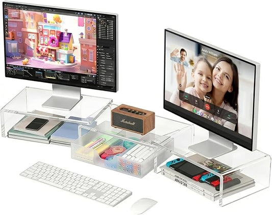 Clear Acrylic Desk Organizers and Accessories, Dual Monitor Stand Riser with Drawer, Desk Shelf Computer Racks for Office Workspace Organizers, Desktop Organization (Transparent) by OPNICE