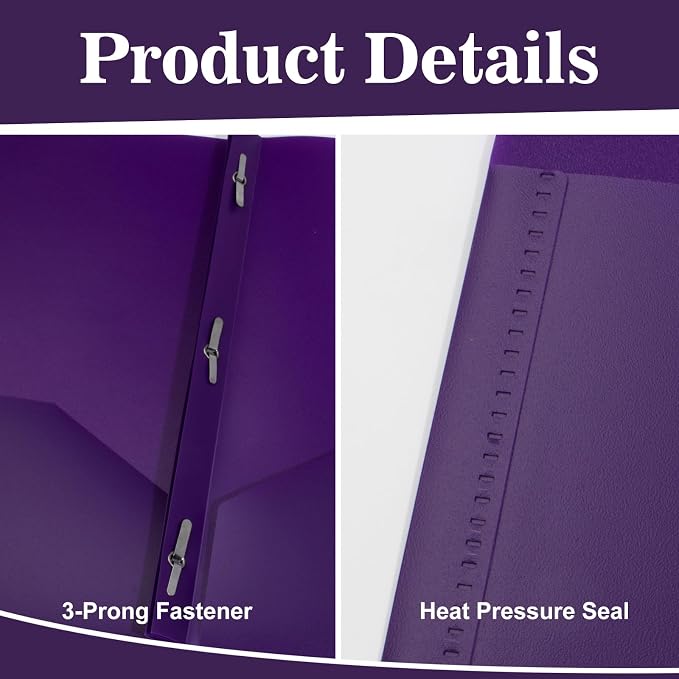 60-Pack Plastic Folders with Pockets and Prongs, 2-Pocket Poly Folders with 3 Fasteners Holds 8-1/2" x 11" Paper for School/Office/Home, Purple - Image 2