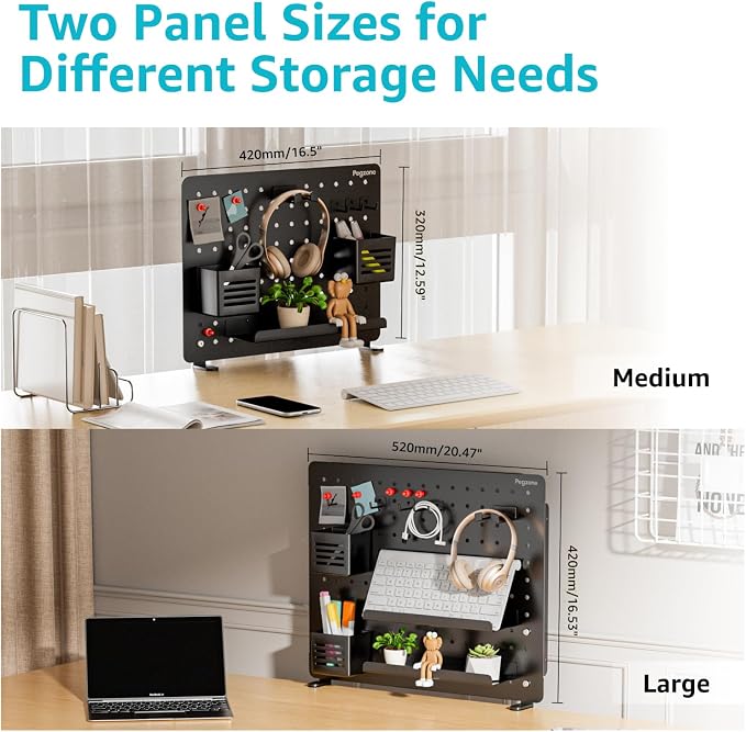 Clamp on Desk Pegboard, 16.5" x 12.6", with 10 Accessories, Black | Magnetic Metal Peg Board, Desk Organizer for Office Gaming Home, Privacy Panel, Medium - Image 5