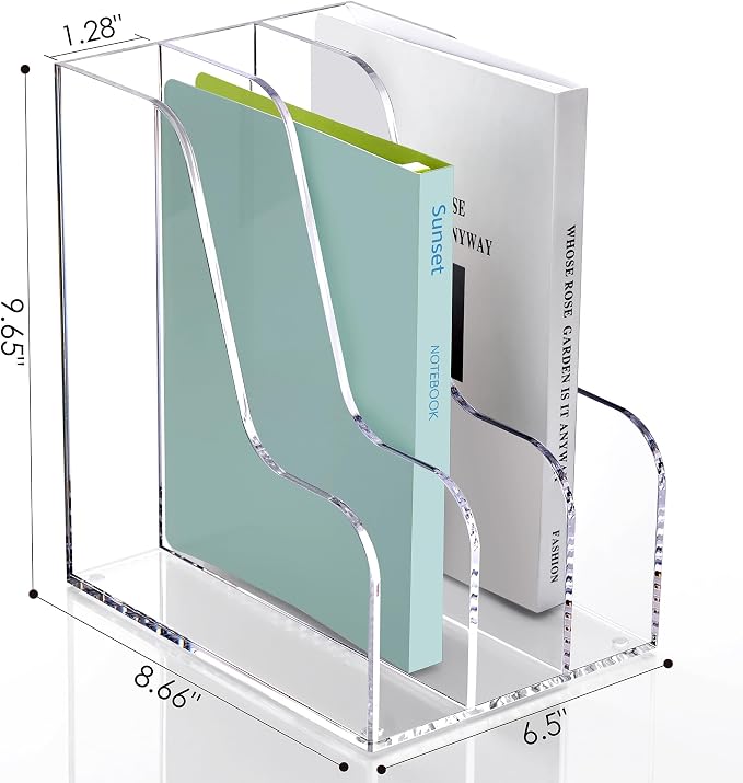 SANRUI Clear Vertical Magazine File Holder, Acrylic Desk Organizer and Storage Bins Holding for Magazines Binders, Notebooks, Envelopes A4 Folder Binder Holders Sorter, 3 Compartments - Image 2