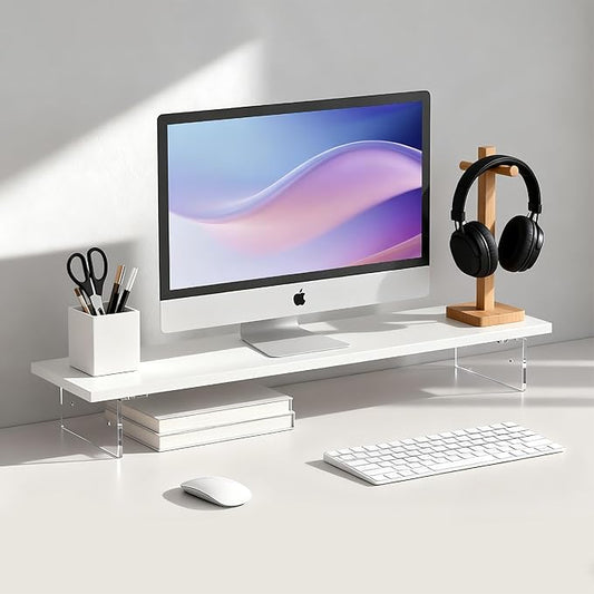 Wood Monitor Stand Riser with Acrylic Legs, Computer Screen Stand Desk Organizer, 31.5 x 7.9 x 3.1 inch, Hold up to 66 lbs (White, 31.5"×7.9"×3.1") by Unknown