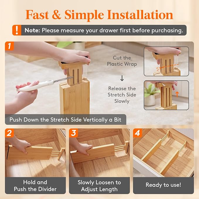 Lifewit 4" High 5 Pack Bamboo Drawer Dividers 31-40cm/12-16 Adjustable Wooden Drawer Organizer for Clothes/Utensils, Expandable Drawer Separator for Dresser/Kitchen/Bedroom/Office Organization - Image 6