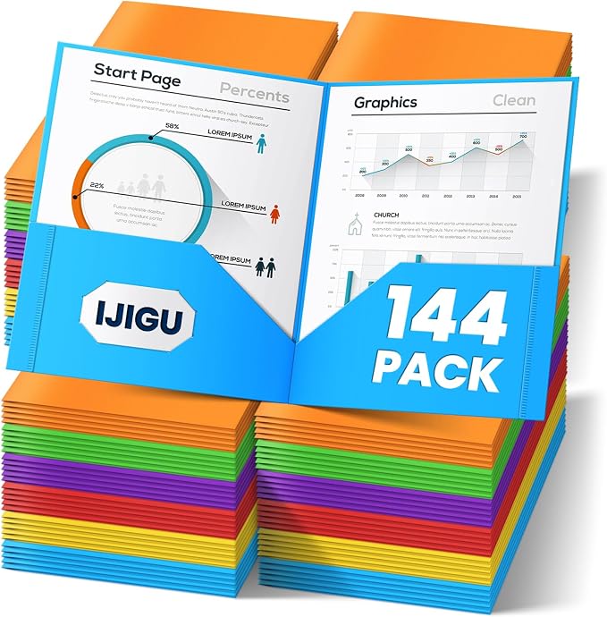 IJIGU Plastic 2 Pocket Folders, Bulk 144 Pack, 6 Colors, Letter Size | Heavy-Duty Plastic, Water-Resistant, Durable and Flexible, Business Card Slot, for School Office and College Supplies by WelcomeToIJIGU