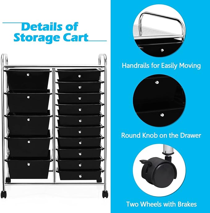 DORTALA 15-Drawer Rolling Storage Cart with Drawers, Rolling Utility Cart w/Removable Drawers & Universal Wheels, Tools Scrapbook Paper Organizer for School, Office, Home, Classroom (Black) - Image 4