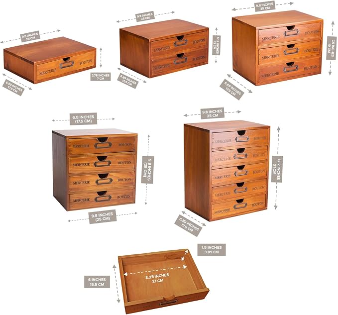 5-Piece Vintage Organization and Storage Set - Single Drawer, 2-Drawer, 3-Drawer, 4-Drawer & 5-Drawer Organizer Chests - Embroidery, Sewing, Arts and Craft Journaling - Stackable Modular Storage - Image 2