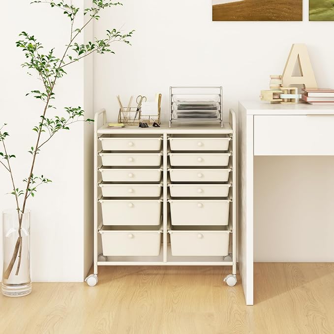 GOFLAME 12-Drawer Rolling Storage Cart, Multipurpose Organizer Cart with 2 Sizes Plastic Drawers, Mobile Utility Cart with Lockable Casters for School, Home Office, Beauty Salon, White - Image 9