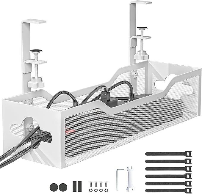 Under Desk Cable Management Tray White, Litwaro Cable Management Under Desk No Drill, Cable Organizer with Clamp for Wire Management, Cord Organizer for Office, Home No Damage to Desk by Litwaro