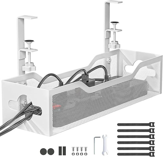 Under Desk Cable Management Tray White, Litwaro Cable Management Under Desk No Drill, Cable Organizer with Clamp for Wire Management, Cord Organizer for Office, Home No Damage to Desk by Litwaro