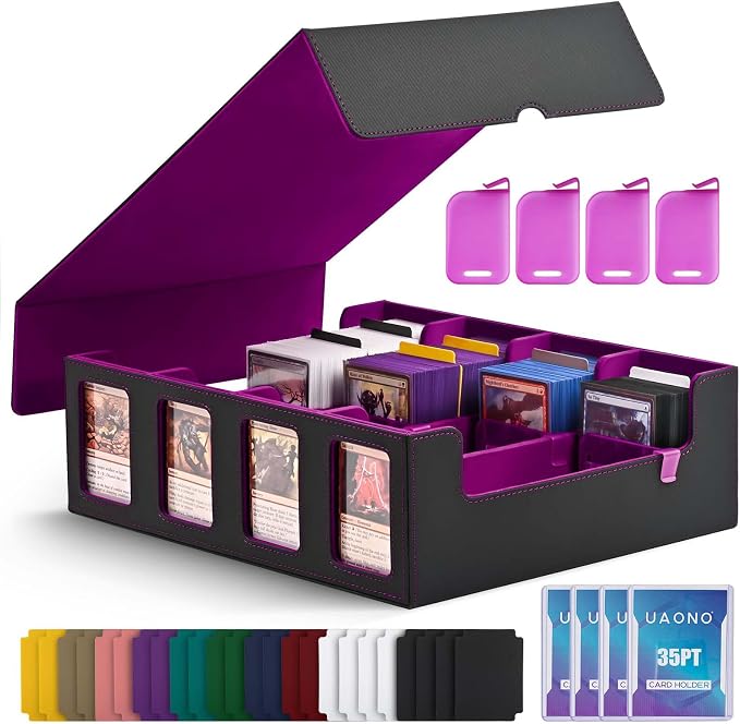 UAONO Trading Card Storage Box with Commander Display, Black Purple | 2400+ Deck Box for MTG with Removable Cover, Top Loaders Card Case Fits Magic TCG PTCG Sports Cards, 24 Dividers, 4 Stoppers by UAONO