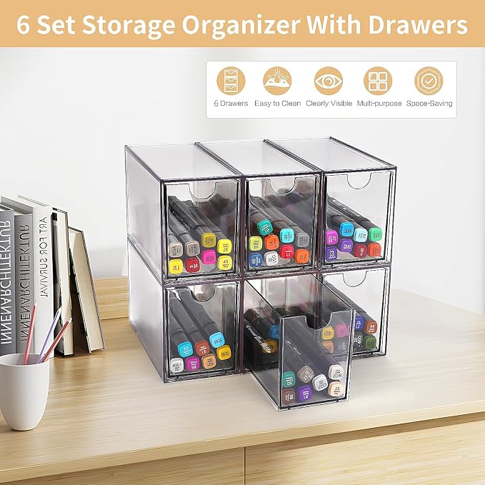 Desk Organizer with Drawers, Stackable Plastic Storage Drawers for Makeup or Desk Organization, Cabinets for Office Dressing Countertop Bathroom Bedroom (6 Packs) - Image 4