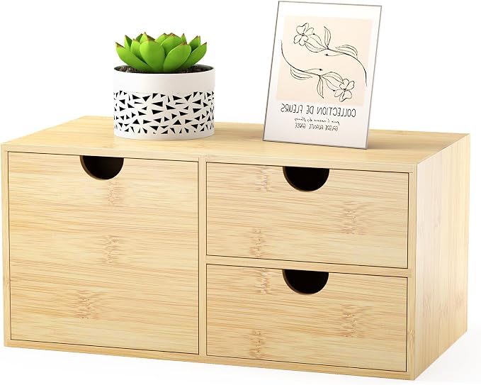 Bamboo Desk Organizer with Drawers, Desktop Storage Box for Office Supplies | 3 Drawers Desktop organizer, No Assembly Required, Natural Wood Wooden Desktop Drawers for Bills, Cosmetics, Seals, Paper by WisuceHome