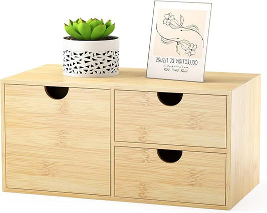 Bamboo Desk Organizer with Drawers, Desktop Storage Box for Office Supplies | 3 Drawers Desktop organizer, No Assembly Required, Natural Wood Wooden Desktop Drawers for Bills, Cosmetics, Seals, Paper by WisuceHome