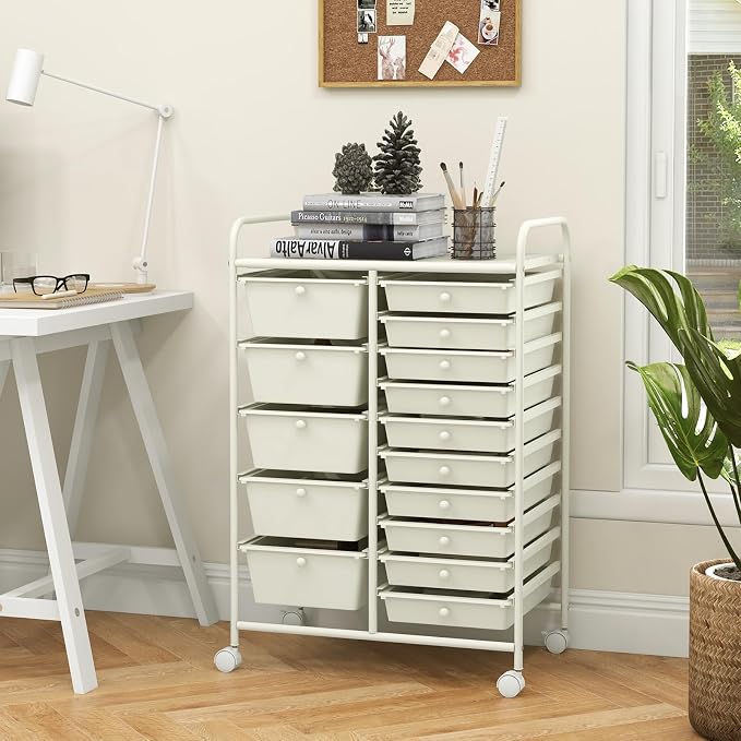 GOFLAME 15-Drawer Rolling Storage Cart, Craft Storage Cart with Removable Drawers & Lockable Wheels, Art Cart Supply Storage Organizer for Home Office Classroom, White - Image 2