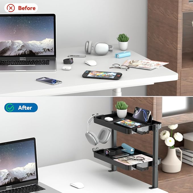 KDD Clamp On Desk Organizer - Adjustable 2-Tier Above or Under Desk Shelves with Large Capacity Tray, Phone & Tablet Holder, Headphone Hook - No Drilling Desktop Storage for Office & Home Accessories - Image 7