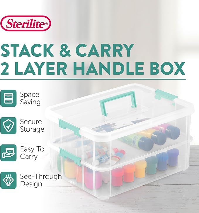 Sterilite 8-Pack Stack & Carry, 2 Layer Handle Box for Home & Office Storage - Clear Base & Lid with Color Latches, Organizer for Art & Craft Supplies, Sewing Tools or 8.5" x 11" Paper - Image 3