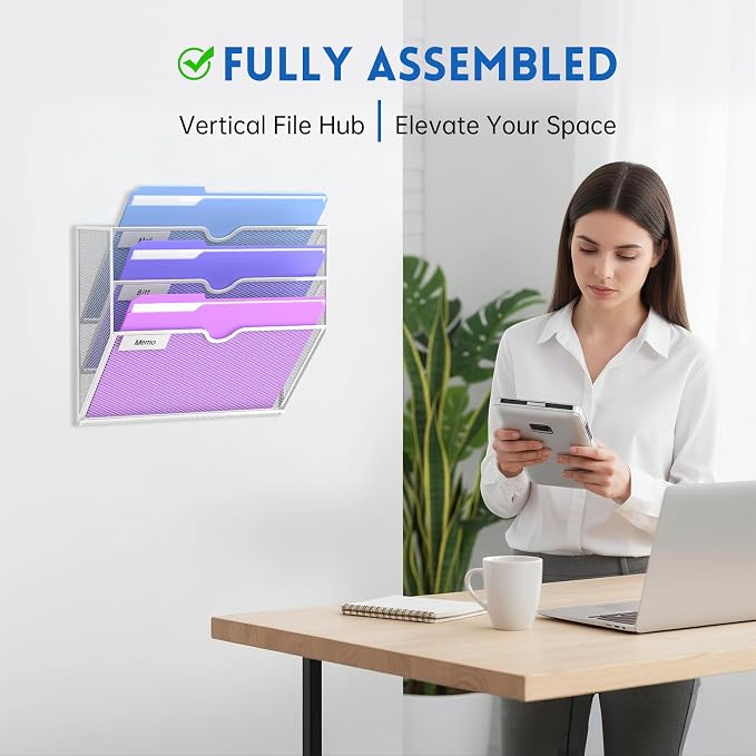 3-Tier Wall File Organizer, Hanging File Organizer, White | Wall-mounted mail storage holds papers, folders, files, clipboards and magazines, assembly required for office or home use. - Image 6