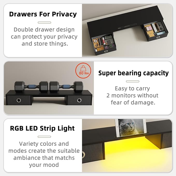 YAOHUOO Dual Monitor Stand with LED Light 2 Drawers, Computer Monitor Riser for 2 Monitors, Large Desktop Organzier with Storage for PC/Laptop/Computer/TV Screen/Printer - Image 3