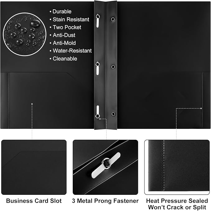 Cholemy 72 Packs Pocket Folders with Prongs Heavy Duty Plastic Folder with Business Card Slot 3 Prong Fasteners for School Office (Stylish) - Image 3