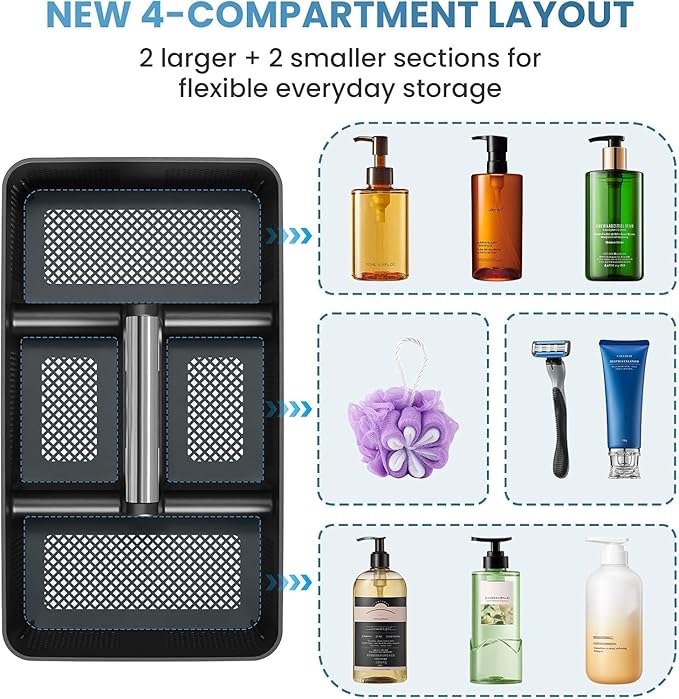BYUNER Plastic Shower Caddy Dorm: Portable Cleaning & Shower Caddy with Handle, 4 Divided Compartments, All-Side Drainage, Rigid Plastic Basket Tote for College Dorm & Bathroom Use, Black/Silver - Image 6