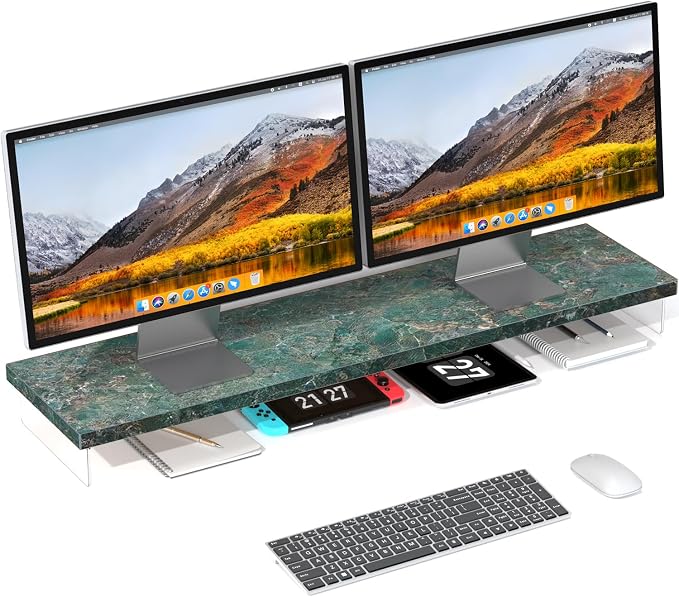 Dual Monitor Stand Riser, 40x10 in Wood & Acrylic Desktop Organizer Shelf | Computer Monitor Stand Riser With Wood & Acrylic Design; Fits 2 Monitors, Laptop, Printer And Desk Supplies For Office Use. by SSWOOD