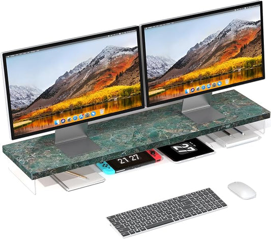 Dual Monitor Stand Riser, 40x10 in Wood & Acrylic Desktop Organizer Shelf | Computer Monitor Stand Riser With Wood & Acrylic Design; Fits 2 Monitors, Laptop, Printer And Desk Supplies For Office Use. by SSWOOD