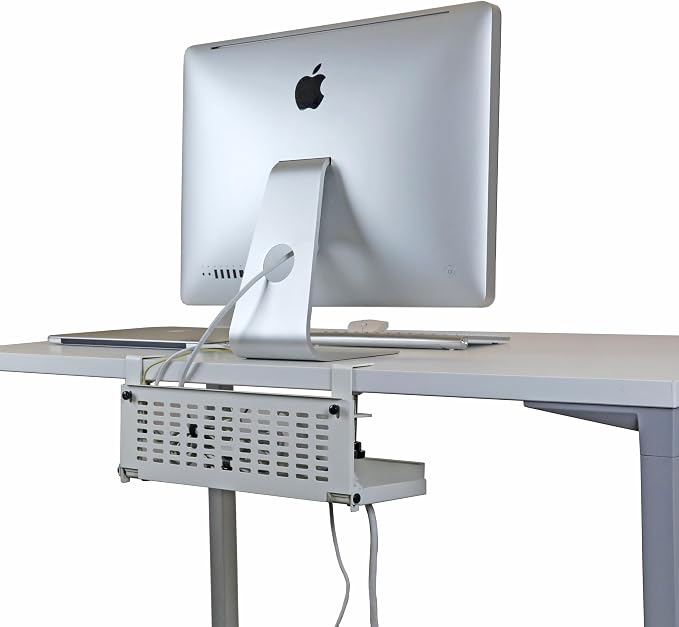 AEONS Universal Under Desk Cable Management Tray-Clamp Mount Hinged Swing Modesty Panel Organizer for Office Desks Easy Access Flip-Down position Power Strip Cord Storage No-Drill 25 lb Capacity White - Image 9