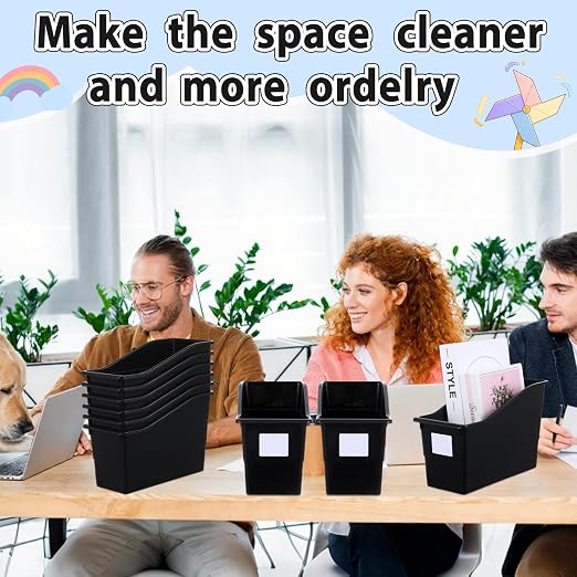gisgfim 12 Pack Large Book Bins with Labels (Black) | Durable Plastic,Stackable Magazine Organizer,Storage Bins for Classroom,Library,Office,Bookshelf Categorization - Image 6