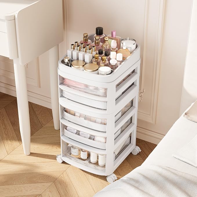 Rolling Cart with 5 Drawers, Clear Plastic Drawer Organizers, Vanity Cart | Dust Proof Under Desk Storage with Dividers for Makeup, Skincare, Art Crafts and Baby Items, Acrylic Cosmetic Organizer - Image 2