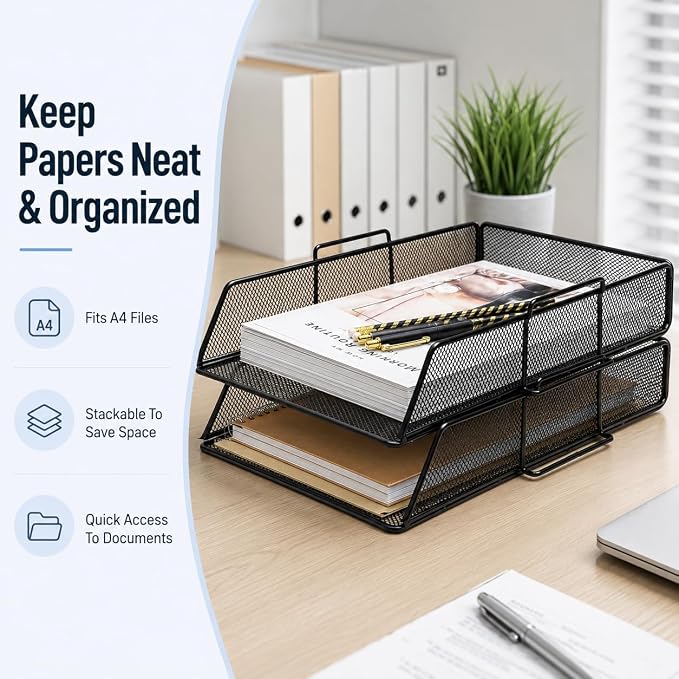 Exerz Paper Sorter Stackable/Desk Letter Tray A4 File Holder 2pcs - Wire Mesh - Office, School - Black | Durable Metal Mesh Holds Papers Files Folders Notebooks And Magazines For Office Home Study Classroom Desks - Image 5
