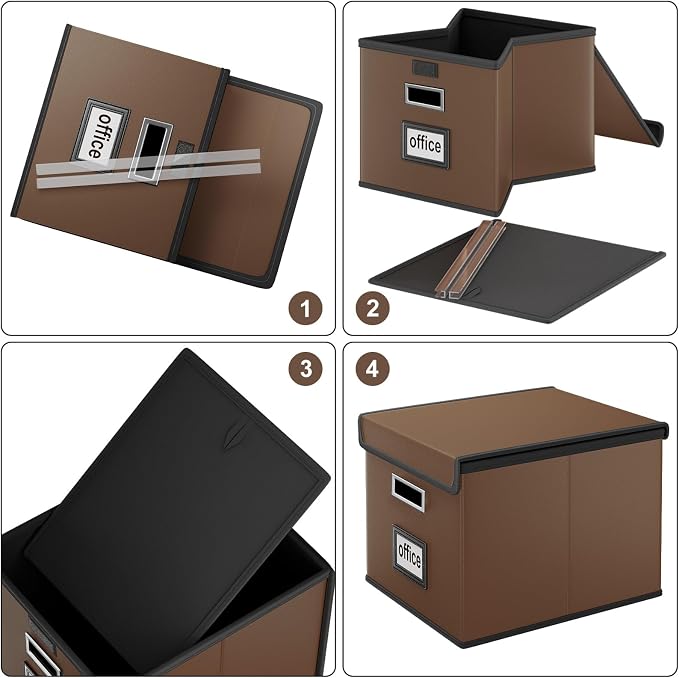 File Organizer Box with Lids, Collapsible File Folder Organizer | File Box with Plastic Slides for Document, Filing Bin for Letter Size Hanging File Folders (1 Pack, Dark Brown, Leather) - Image 7