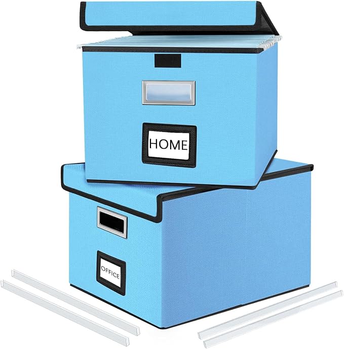 File Organizer Box with Lids, Collapsible File Folder Organizer | File Box with Plastic Slides for Document, Filing Bin for Letter Size Hanging File Folders (2 Pack, Sky-blue) by Huolewa