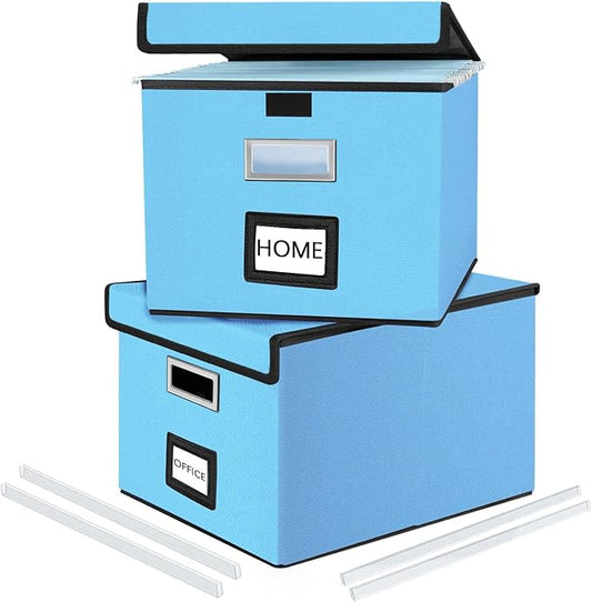 File Organizer Box with Lids, Collapsible File Folder Organizer | File Box with Plastic Slides for Document, Filing Bin for Letter Size Hanging File Folders (2 Pack, Sky-blue) by Huolewa