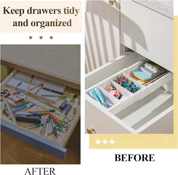 1 Pcs Expandable Drawer Organizer Bins Adjustable Deep Drawer Hanging Organizer Tray Expandable 11.4 to 18.1 Inches Plastic Dividers Storage for Office Bathroom Bedroom Kitchen Desk, White - Image 6