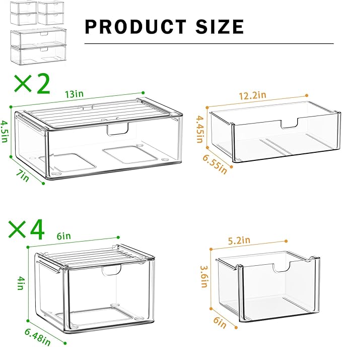 6-Pack Acrylic Stackable Storage Drawers for Vanity, Desk, Bath | 2 large & wide 13" drawers, Smooth-glide, stackable, clear body, dustproof, wipe clean, for makeup, pantry jars, under sink - Image 3