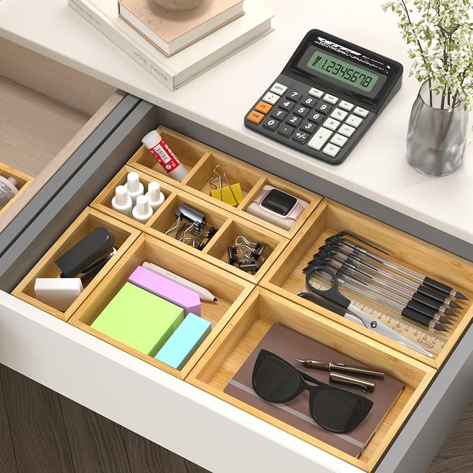 Bamboo Drawer Organizer, Set of 9 Wood Kitchen Junk Tea Desk Office Tray, Wooden Storage Boxes Organizers for Bathroom, Office (2" H 9 Boxes) - Image 7