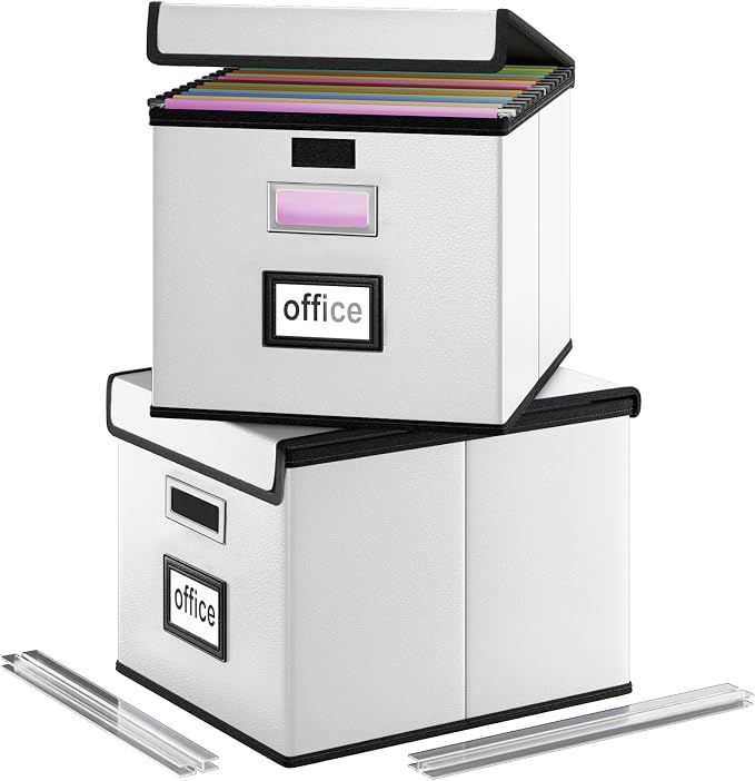 File Organizer Box with Lids, Collapsible File Folder Organizer | File Box with Plastic Slides for Document, Filing Bin for Letter Size Hanging File Folders (2 Pack, Silver, Leather) by Huolewa