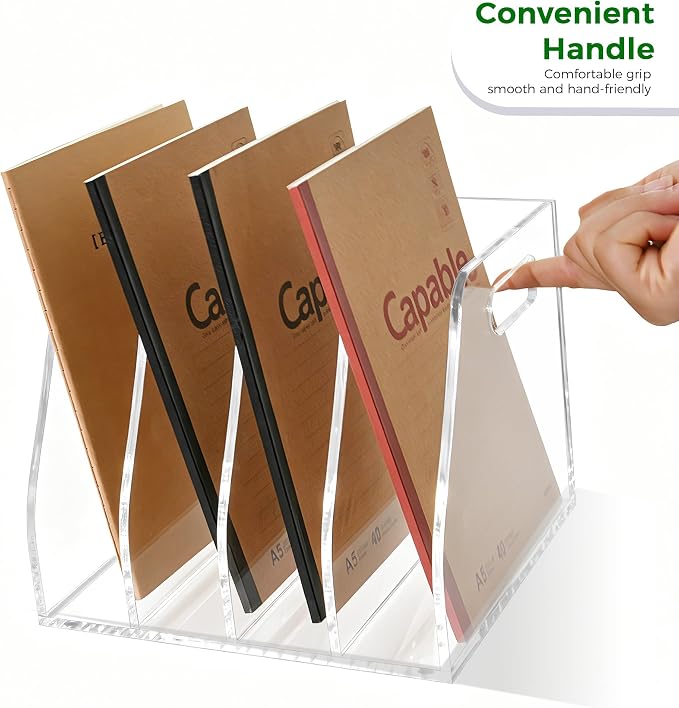 Clear Acrylic Magazine File Holder with Handles, 4-Slot Heavy-Duty Desk Organizer, Vertical Document Sorter & Book Rack for Office, Home & Classroom, Thick 5mm Tabletop Storage, 7.1x8.1x6.3 in - Image 5