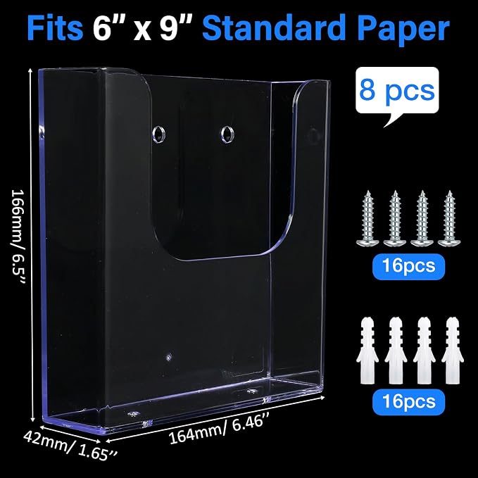 Ripeng 8 Pack Brochure Holder Wall Mount 6 x 9 Inch Clear Flyer Holder Magazine Pamphlet Display Stand Acrylic Wall Organizer Plastic Wall File Holder for Literature Mail Paper document Rack Display - Image 2