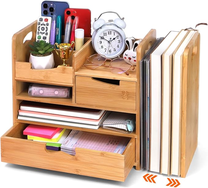 ZOOFOX Bamboo Desk Organizer with Adjustable File Holder, Mail Organizer Countertop with Drawer, 4-Tier Desktop Organization and Desk Accessories for Home Office School Supplies, No Assembly Required by zoofox