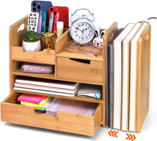 ZOOFOX Bamboo Desk Organizer with Adjustable File Holder, Mail Organizer Countertop with Drawer, 4-Tier Desktop Organization and Desk Accessories for Home Office School Supplies, No Assembly Required by zoofox